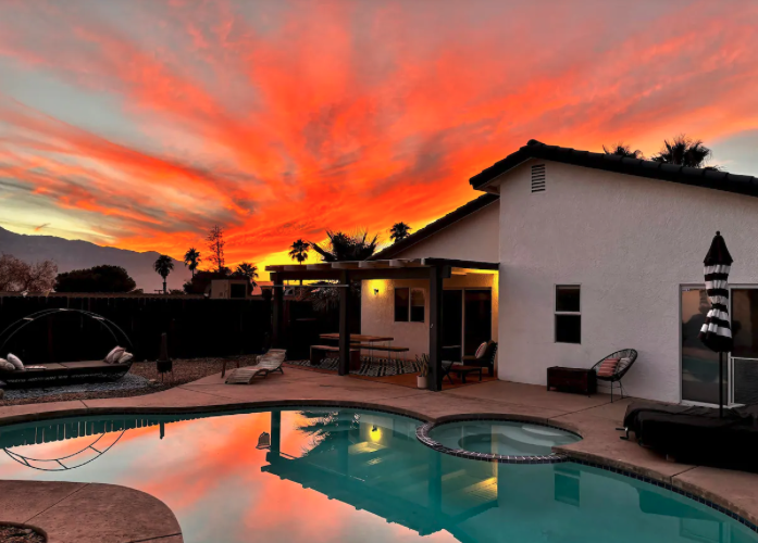 California sunset over backyard pool
